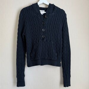 Ralph Lauren Navy Blue Cableknit Hooded Button Henley Hoodie Sweater Large y2k